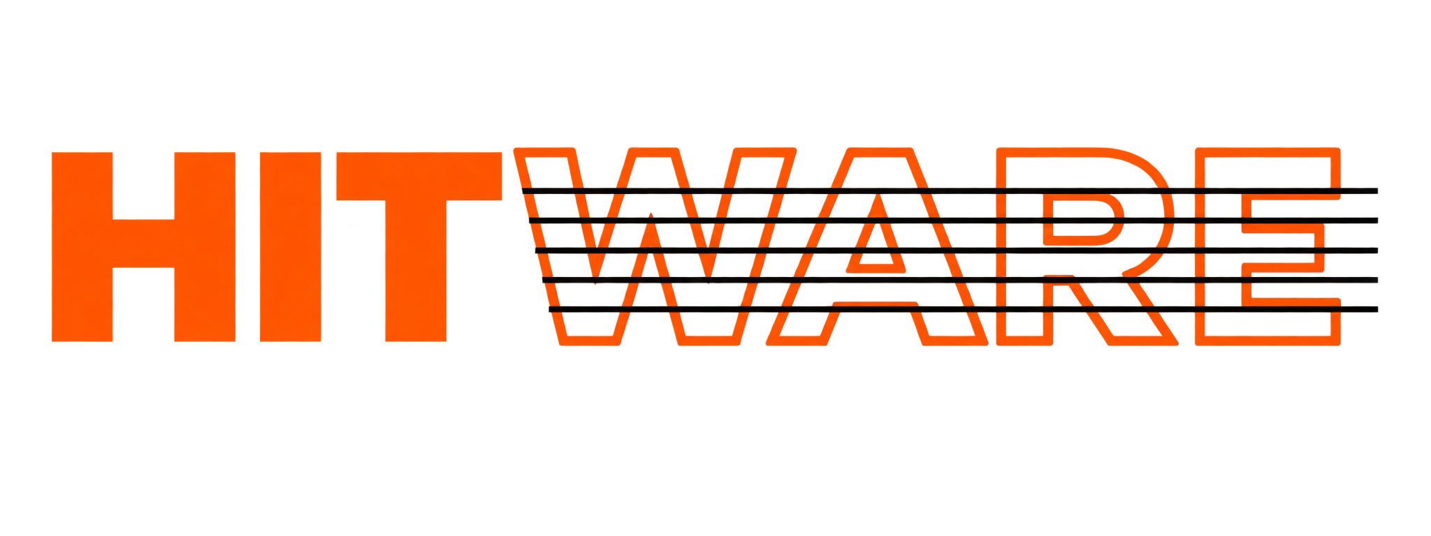 Logotipo HITWARE: HIT en naranja sólido y WARE en contorno atravesado por cinco líneas negras