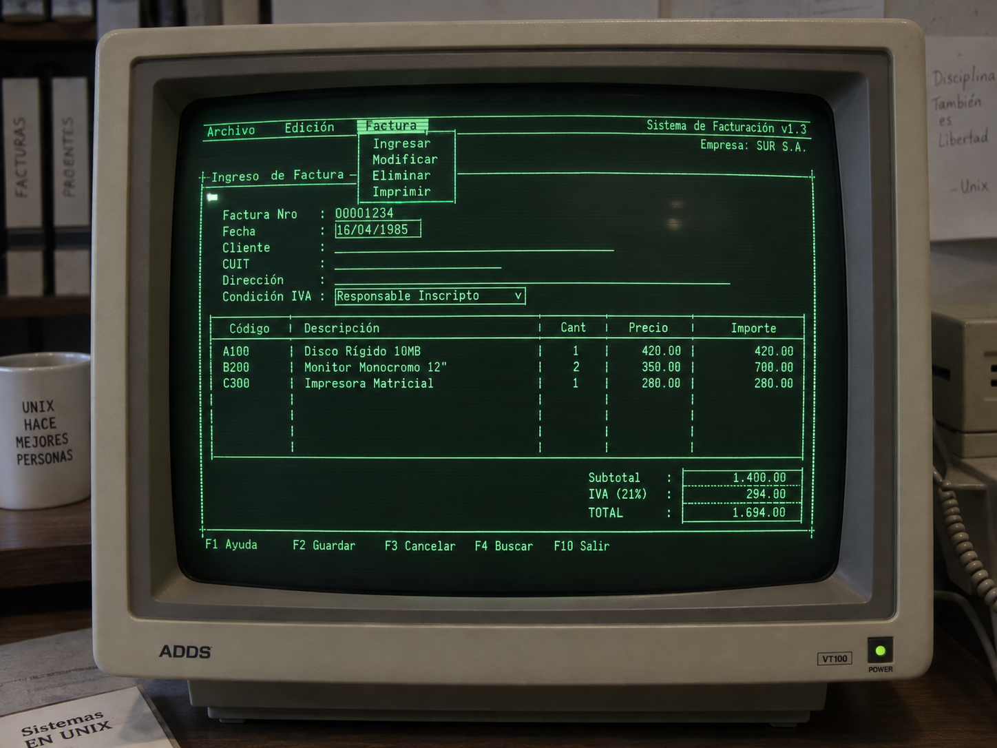 Terminal ADDS VT100 con pantalla verde mostrando un Sistema de Facturación v1.3: menú Factura, ingreso de factura con ítems y totales, y teclas F1 a F10